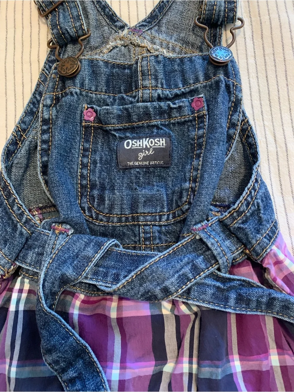 LOT of 2: OshKosh overall plaid denim dress plus sneakers